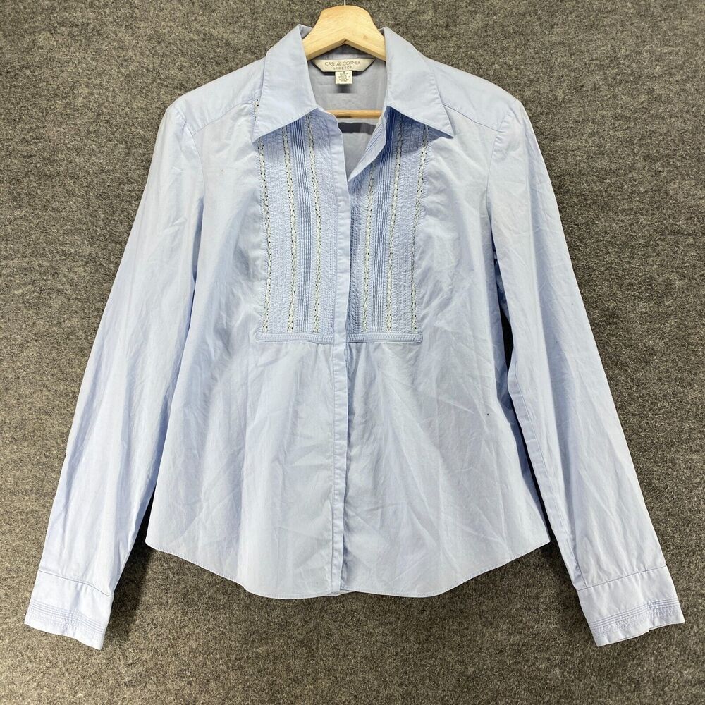 Casual Corner Shirt Women M Medium Blue Button Up Collared Long Sleeve Cotton